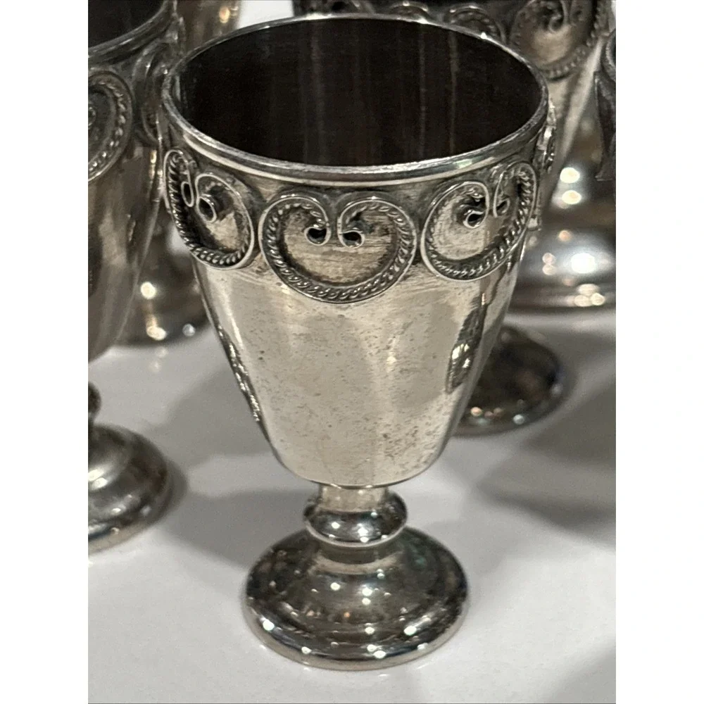 Vintage Persian Wine Decanter With Inset Stones; 6 Shot Glasses